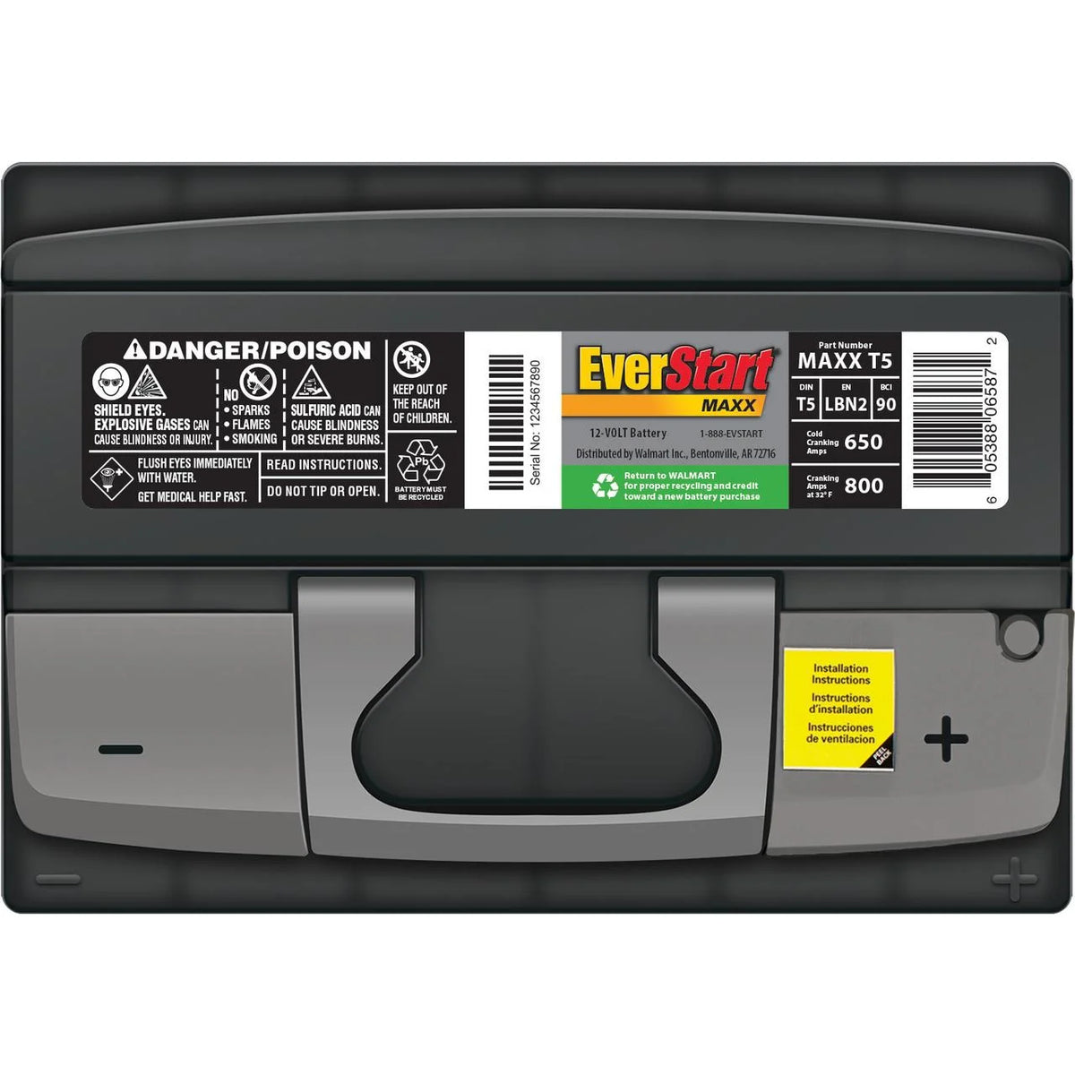 EverStart Maxx Lead Acid Automotive Battery, Group Size T5 12 Volt, 650 CCA 95 RC