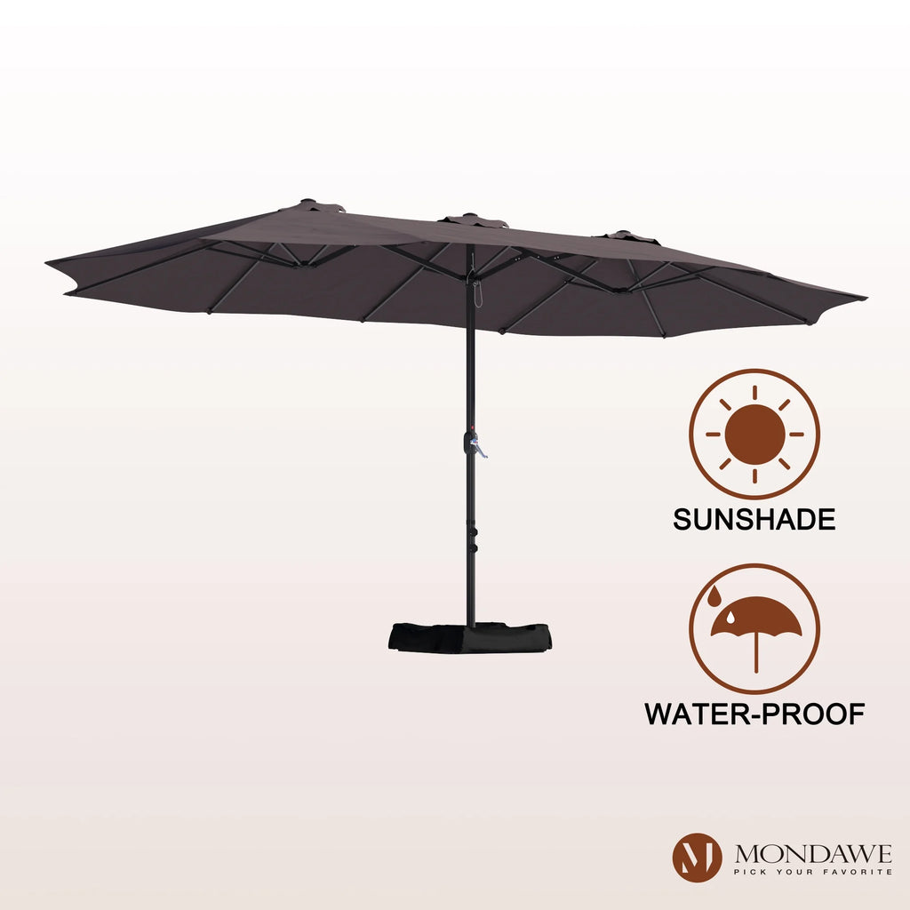 Mondawe 15ft Patio Umbrella Rectangular Outdoor Market Umbrella with Base and LED Lights Beige