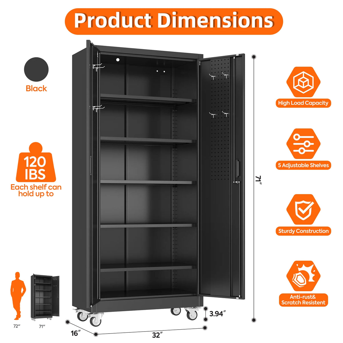 GangMei 71 Inches Tall Metal Garage Storage Cabinets with 5 Adjustable Shelves & Pegboards, Lockable Steel Black Storage Cabinet with Doors for Office, Home, School, Shops, Garage, Assembly required