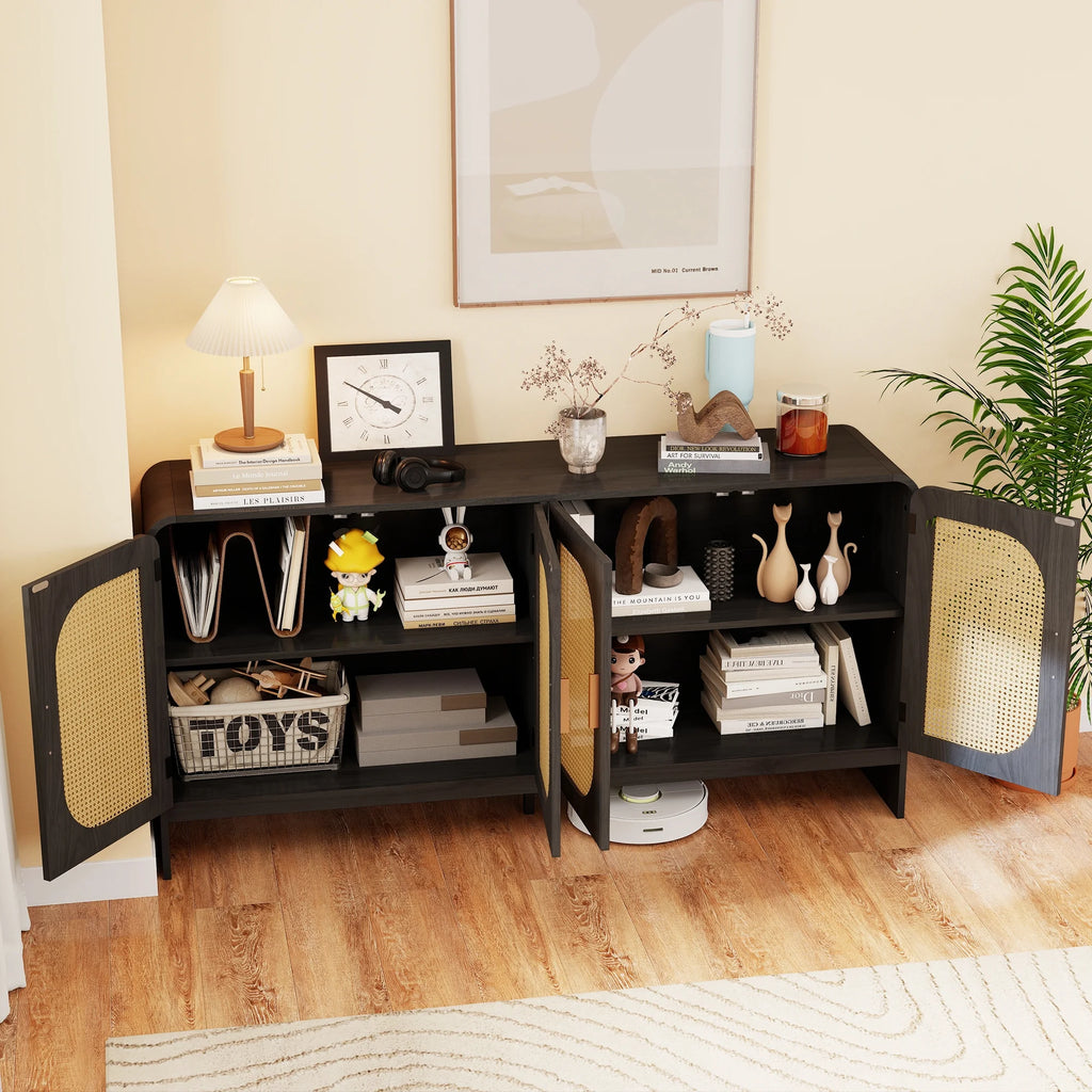 Modern Rattan Sideboard Buffet Cabinet, Kitchen Storage Cabinet, Living Room TV Stand for TVs up to 65", Entertainment Center with Adjustable Shelf, for Dining Living Room Hallway, White
