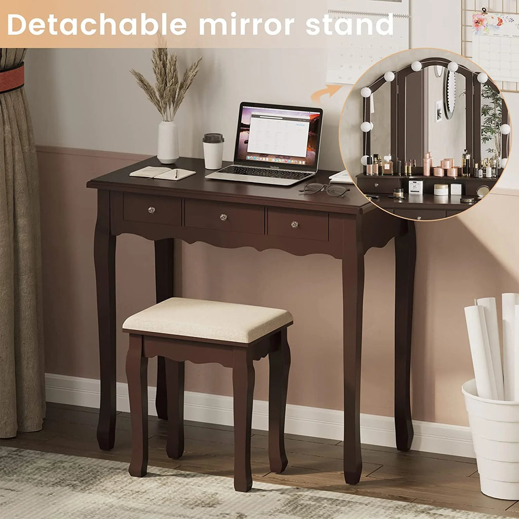 Afuhokles Vanity Table Set with Lighted Tri-Fold Mirror and Stool, Makeup Vanity Dressing Desk 5 Drawers, White