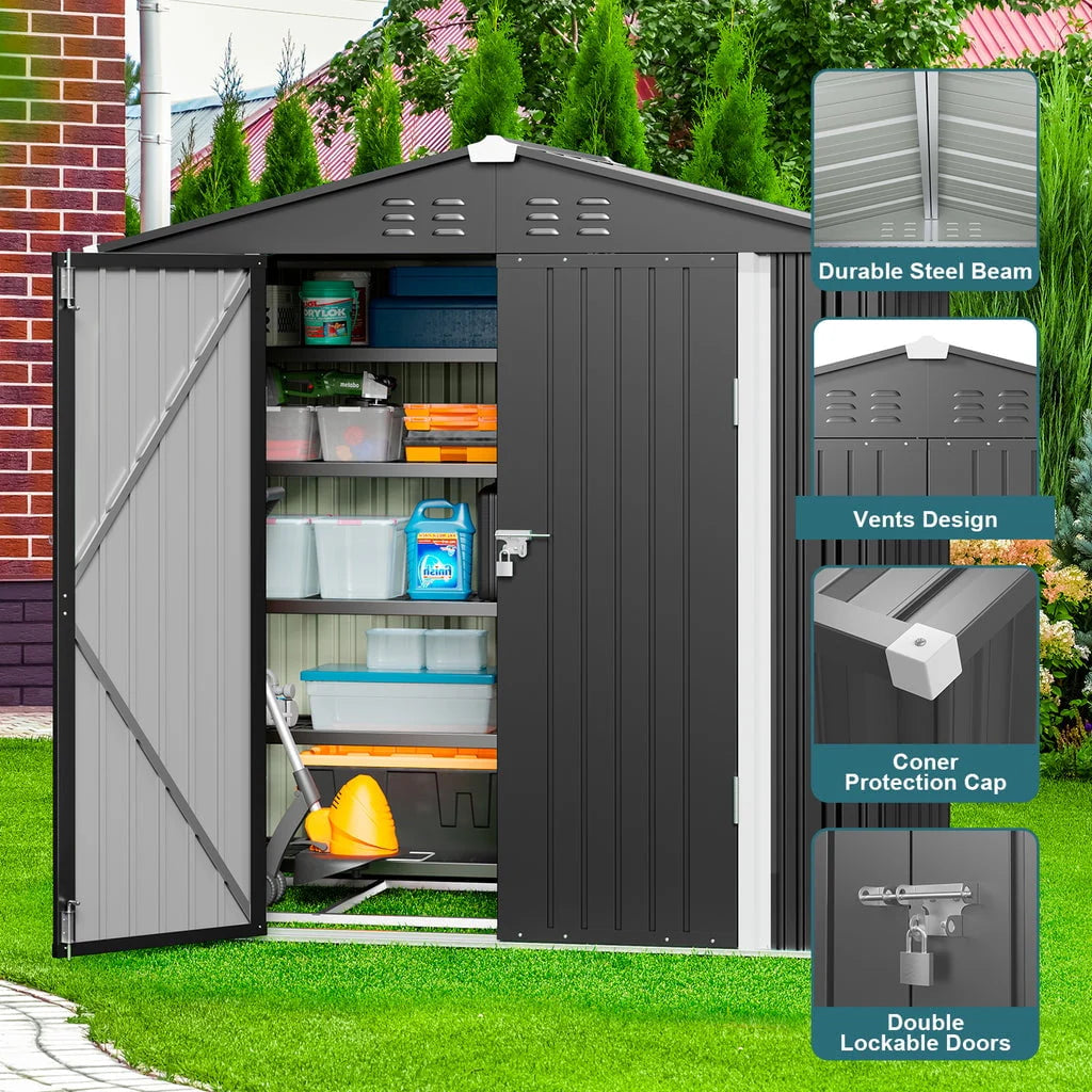 Aiho 8 x 6 FT Outdoor Storage Shed on Clearance with Metal Base  Frame and Double Lockable Doors for Garden, Patio - Gray
