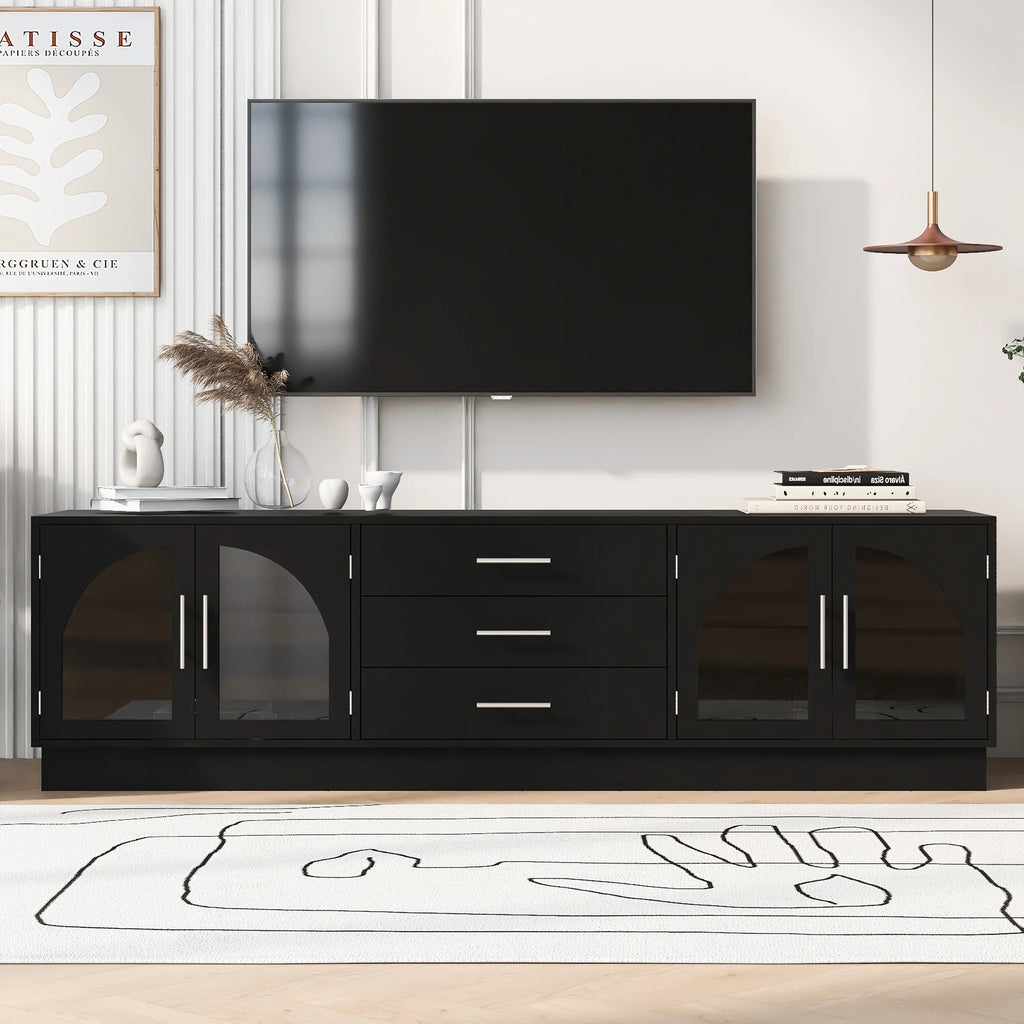 Euroco Modern TV Stand with Arched Glass Doors, Drawers & Adjustable Shelves for TVs up to 75 Inches