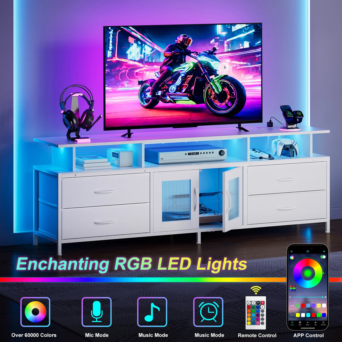GUNAITO TV Stand for TV up to 70", Big TV Stand for Living Room Entertainment Center with LED Lights and 4 Fabric Drawers , Black