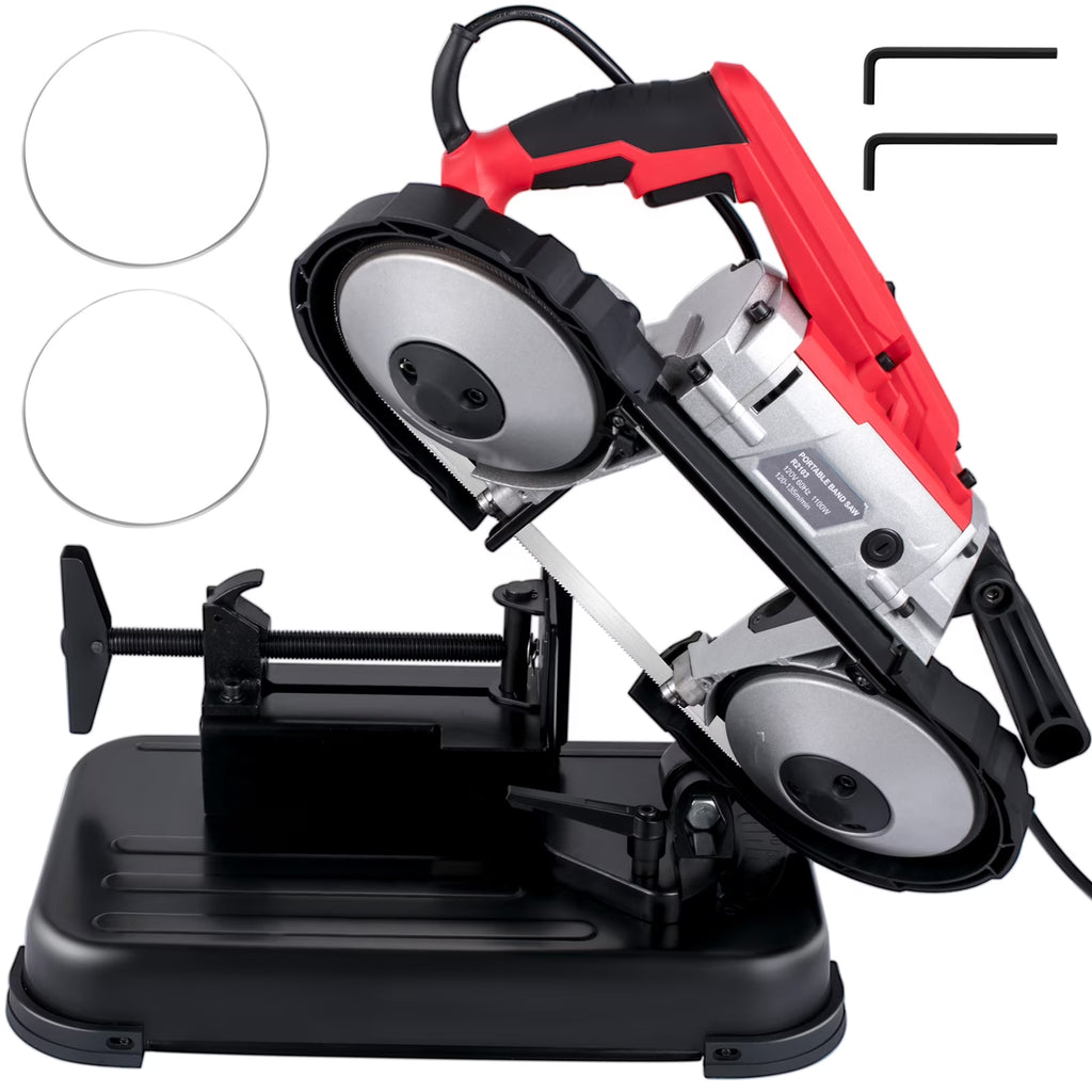 KFFKFF Portable band saw, 110V removable alloy steel base rechargeable band saw, 5 inch cutting capacity handheld band saw, variable speed portable band saw, 10 amp motor, deep cutting band saw for
