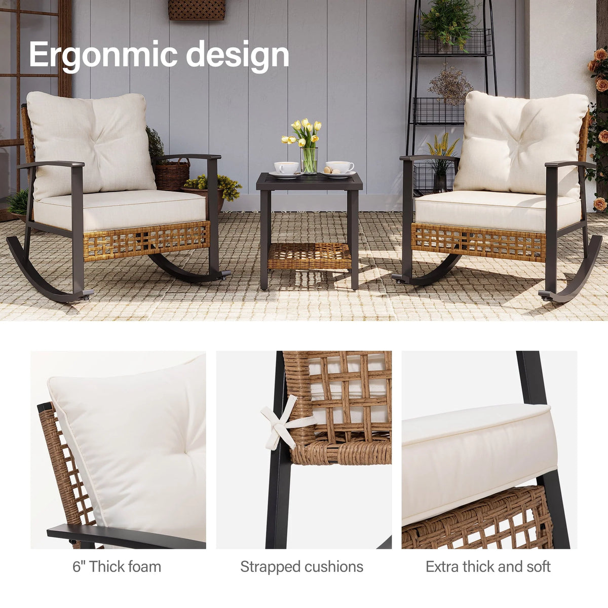 LAUSAINT HOME 3 Pieces Patio Outdoor Conversation Set with 2-Tier Coffee Table, PE Wicker and Galvanized Steel(Beige)
