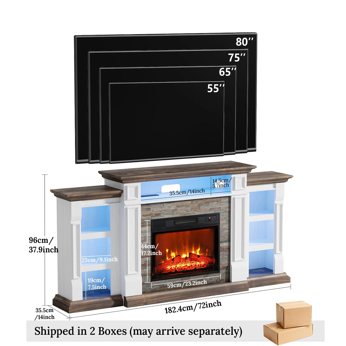 Holliwill 72" TV Stand for TVs up to 80" with Charging Station & LED Light, Electric Fireplace with Mantel, Entertainment Center with 23" Electric Heater, White Brown