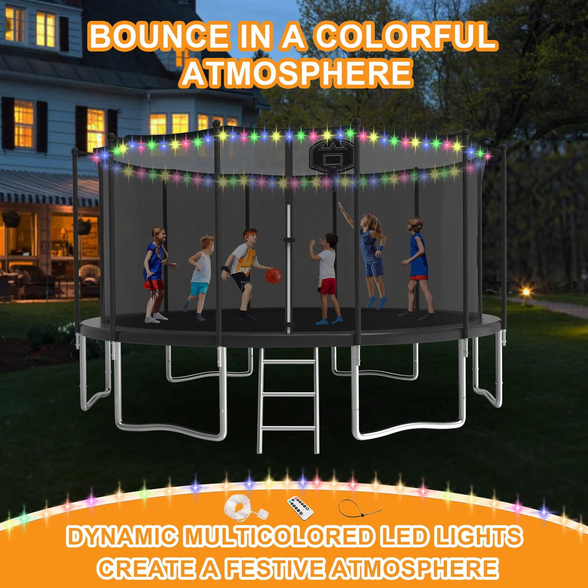 KOFUN Trampoline for Adults and Kids, 16FT 15FT 14FT 12FT 10FT 8FT Trampoline with Basketball Hoop, Enclosure Net, Ladder, Light, Anchor Kits, Heavy Duty Outdoor Backyard Trampolines, Black