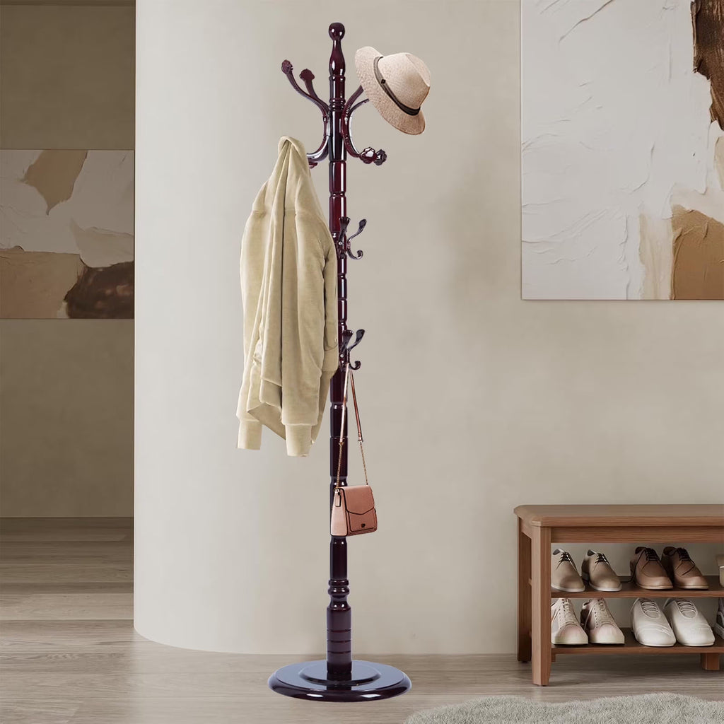 Coat Rack Freestanding, Hall Tree with 11 Hooks, Heavy Duty Wooden Coat Tree Stand, Adjustable Height, Sturdy Base for Bedroom Hallway Office - Load 270lbs