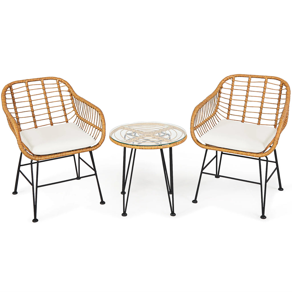 Costway 3PCS Patio Rattan Bistro Furniture Set Cushioned Chair Table Navy