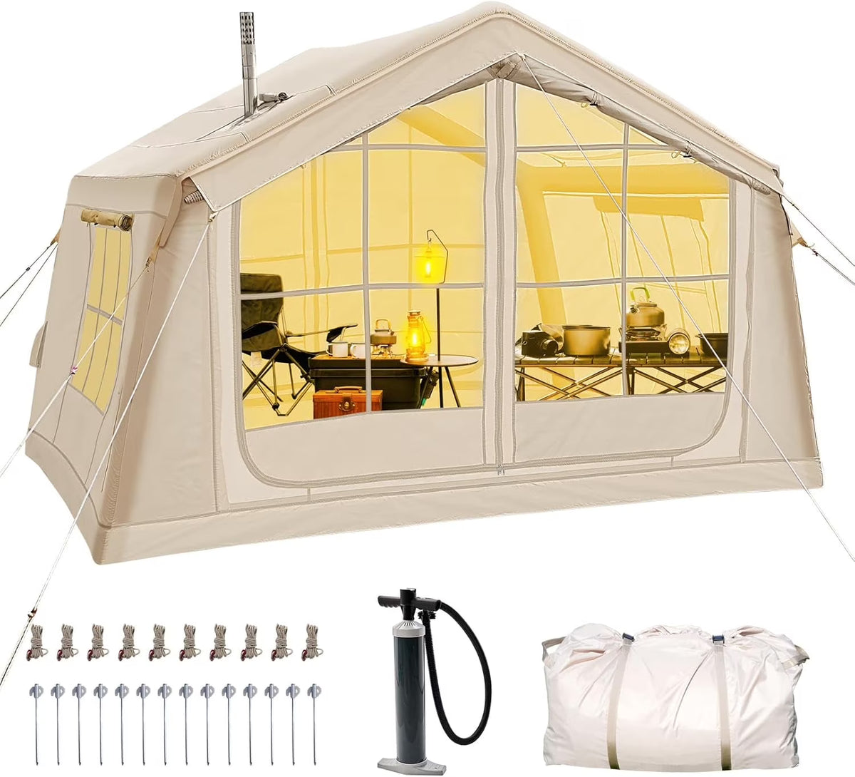 Inflatable Tents for Camping, Blow Up Tent with Canopy, Easy Setup Inflatable Camping Tent with Stove Jack, Waterproof Oxford Air Glamping Tents for Camping Adult 8-10 Person