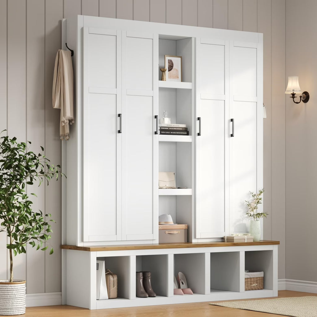 63" Farmhouse Hall Tree with Bench and Shoe Storage, 4-in-1 Entryway Bench with 4 Storage Cabinets, 5 Shoe Cabinets and 6 Hanging Hooks, Black