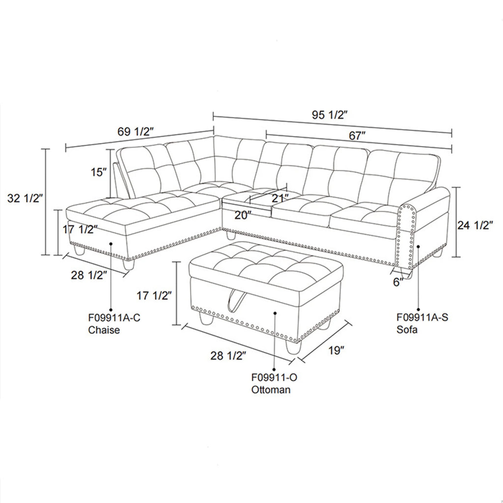 Aukfa 3 Piece Sectional Sofa, Living Room Couch with Storage Ottoman&Cup Holder, Linen, Right Hand, Purple
