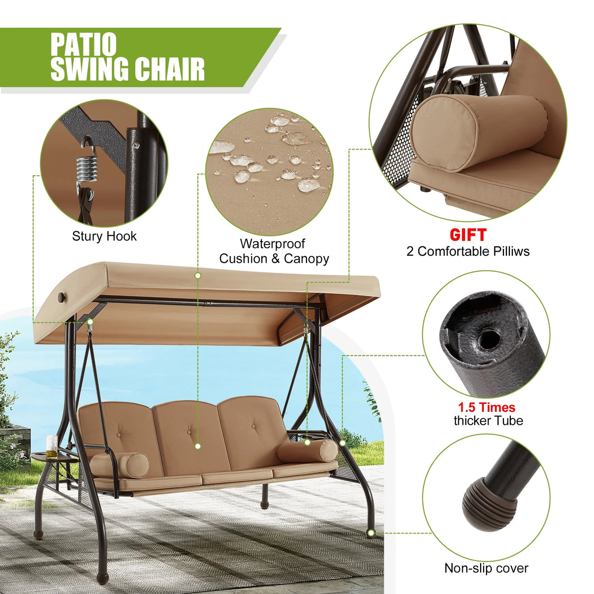 Homrest 3 Seat Outdoor Porch Swing with Adjustable Canopy, Cushions, and Cup Holder - Wine Red