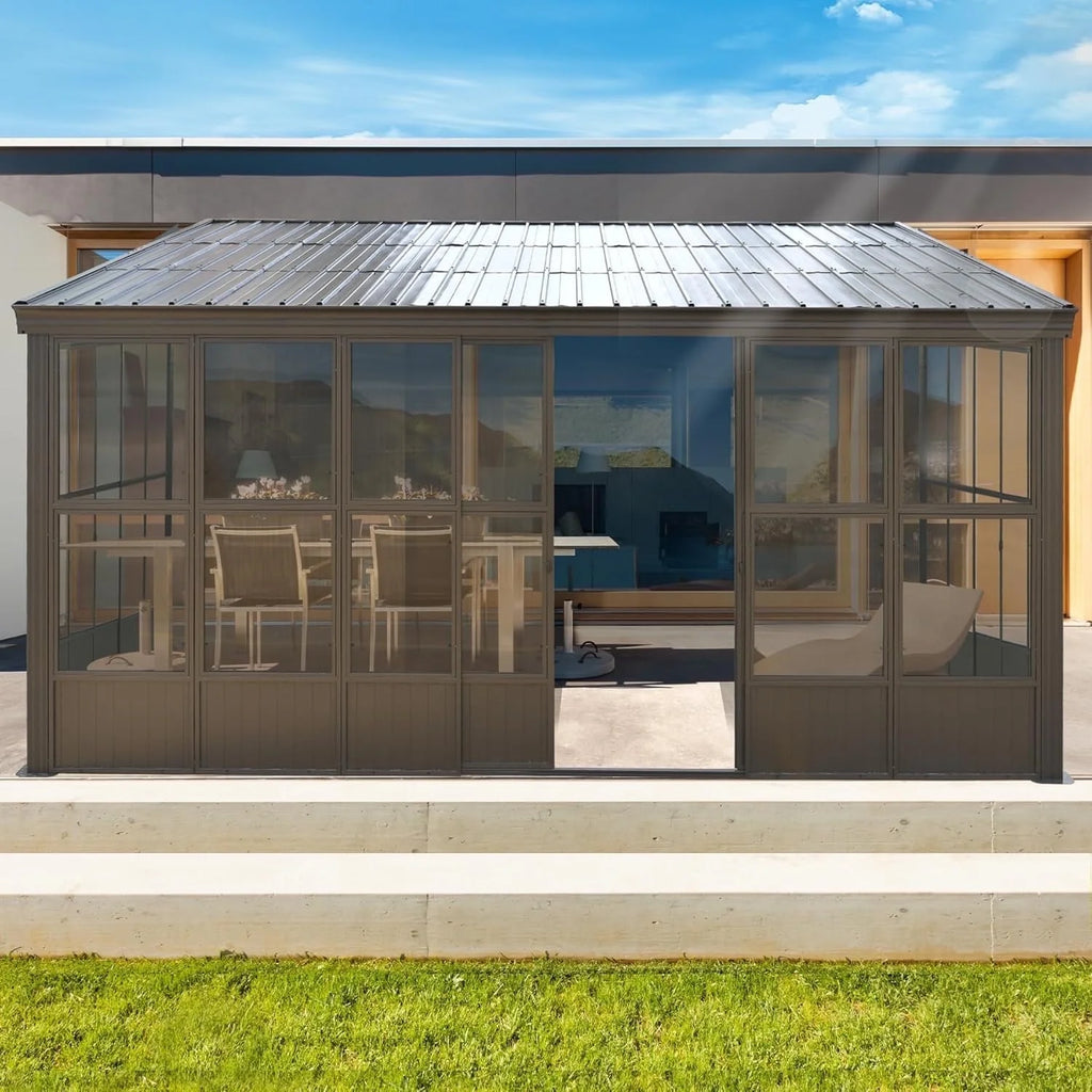 TOTAL Outdoor 10'x12' All-Season Sunroom Gazebo with Steel Roof, PVC Screen, Front & Side Door, Brown