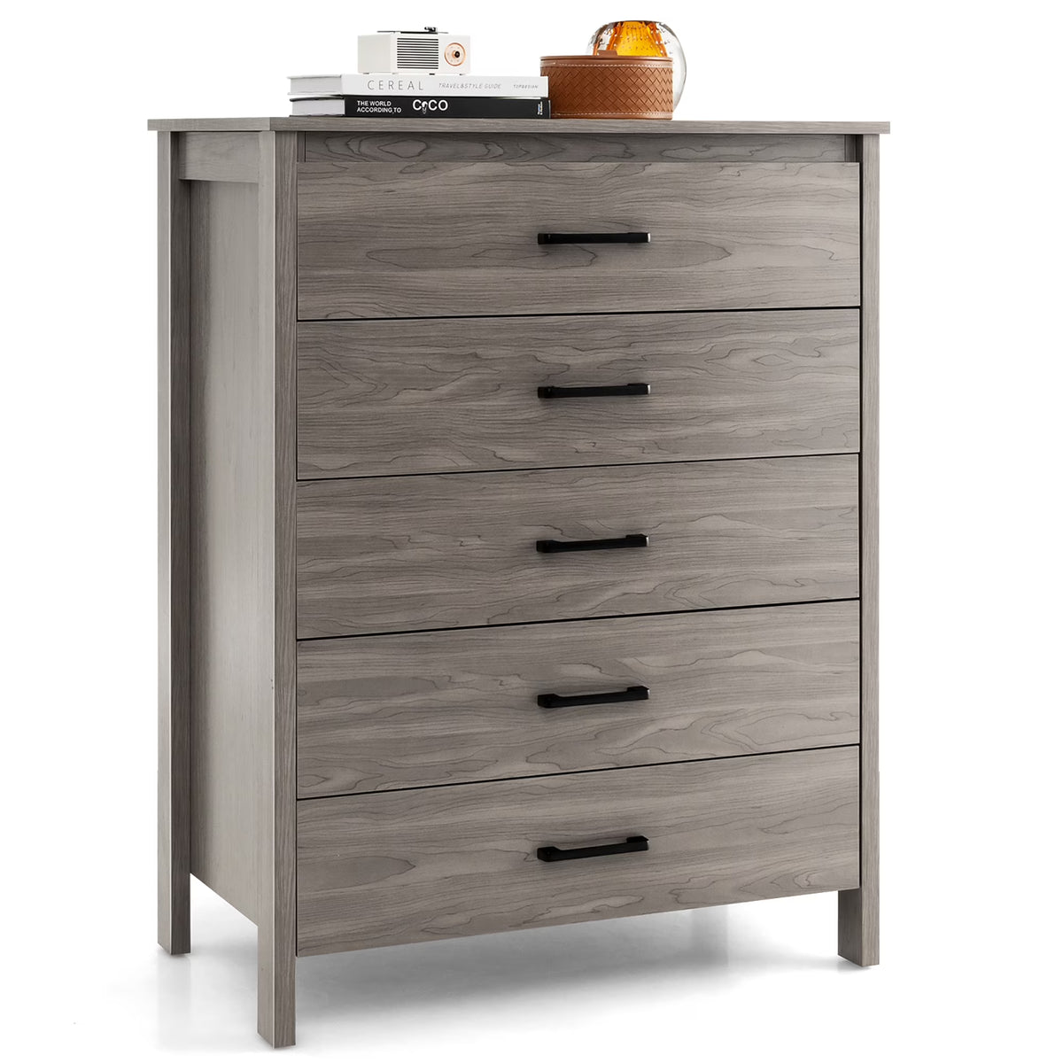 Costway Modern 5 Drawer Chest Storage Dresser Cabinet with Metal Handles Gray Oak