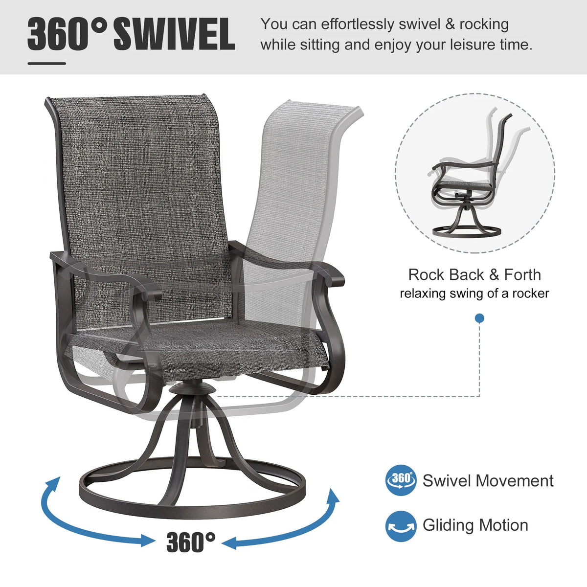 ELPOSUN Patio Swivel Chairs Set of 2, Outdoor Dining Chairs High Back All Weather Breathable Textilene Outdoor Swivel Chairs with Metal Rocking Frame for Lawn Garden Backyard Deck, Khaki