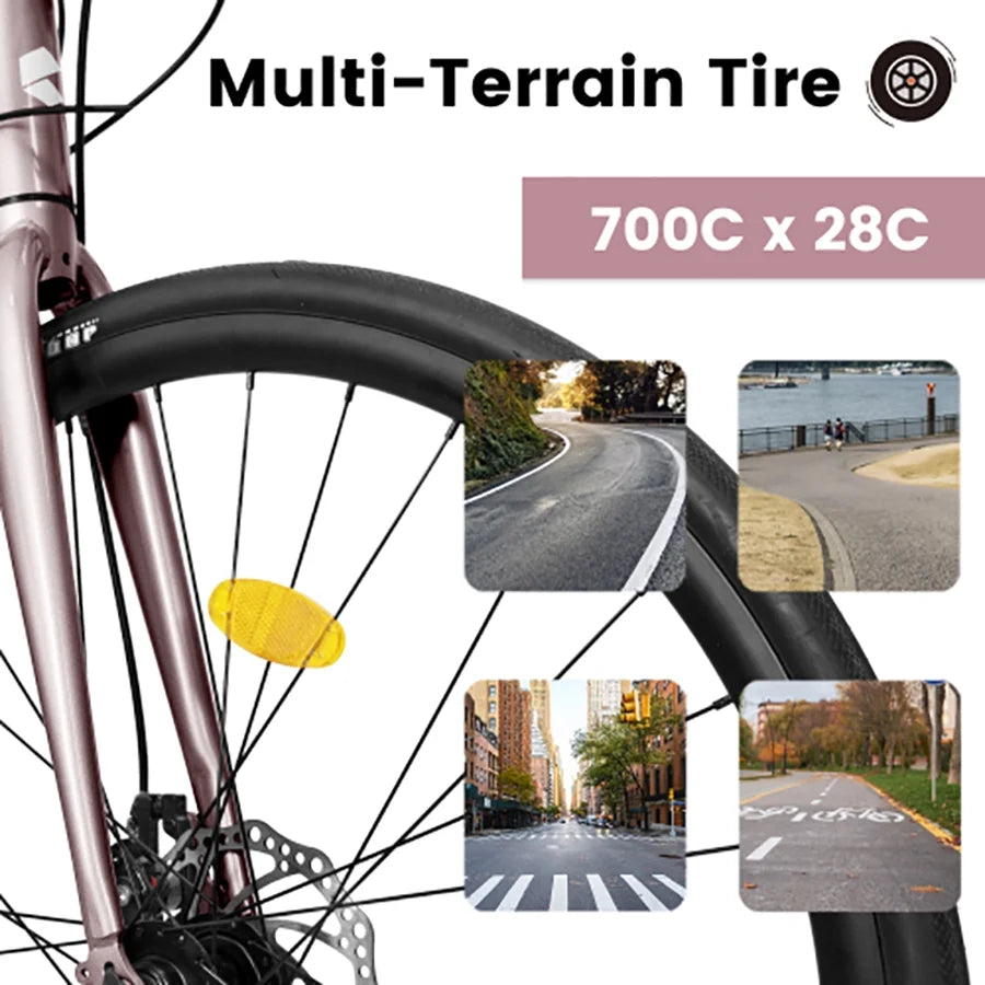 700C Road Bike, 16-Speed Outdoor Bike Disc Brakes, Light Weight Aluminum Frame, Racing Bike City Commuting Road Bicycle for Women