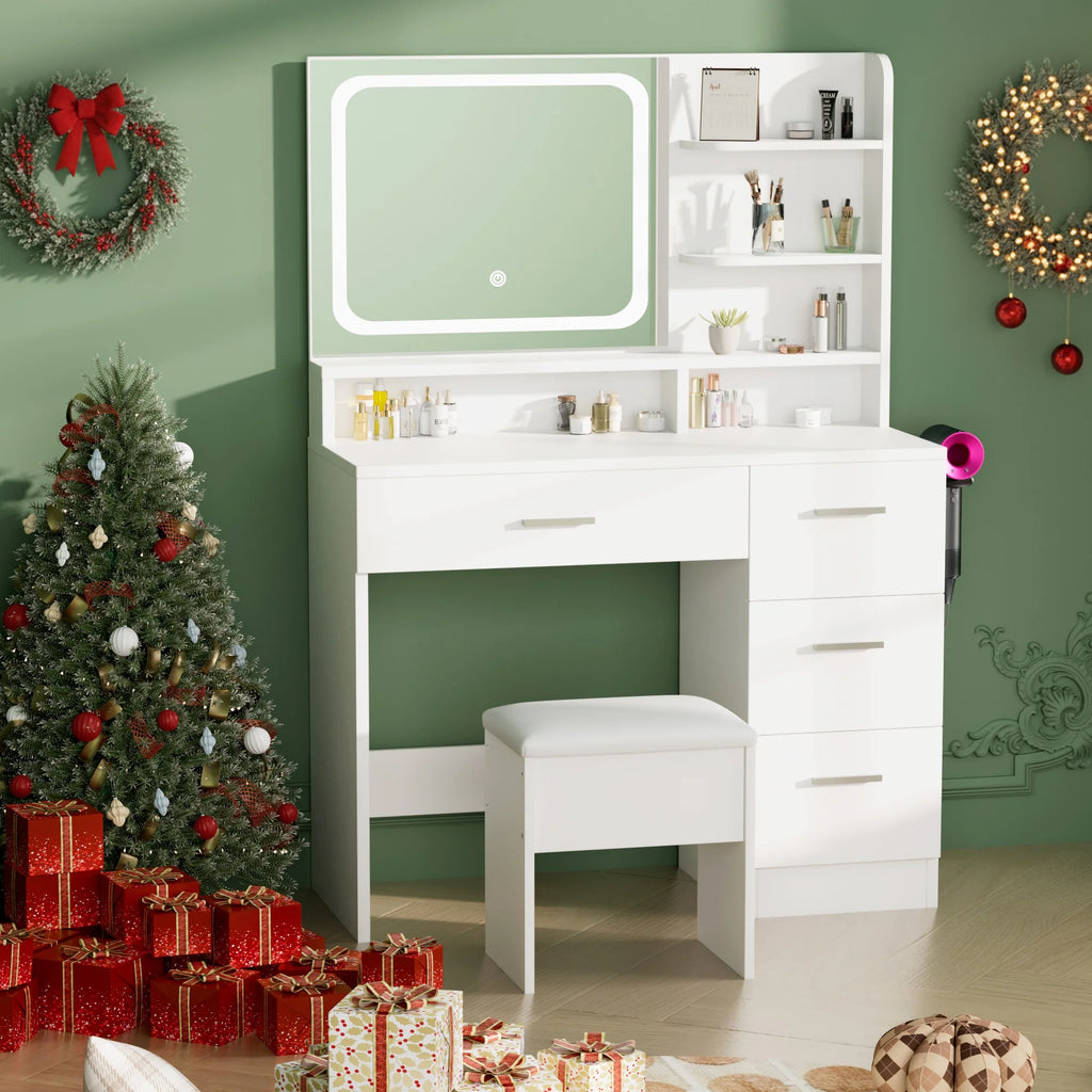 LIVELYGLOW Vanity Desk with Mirror and Lights, Makeup Vanity with Drawer & Storage Shelves, Cabinet, 3 Lighting Modes Adjustable Brightness,White