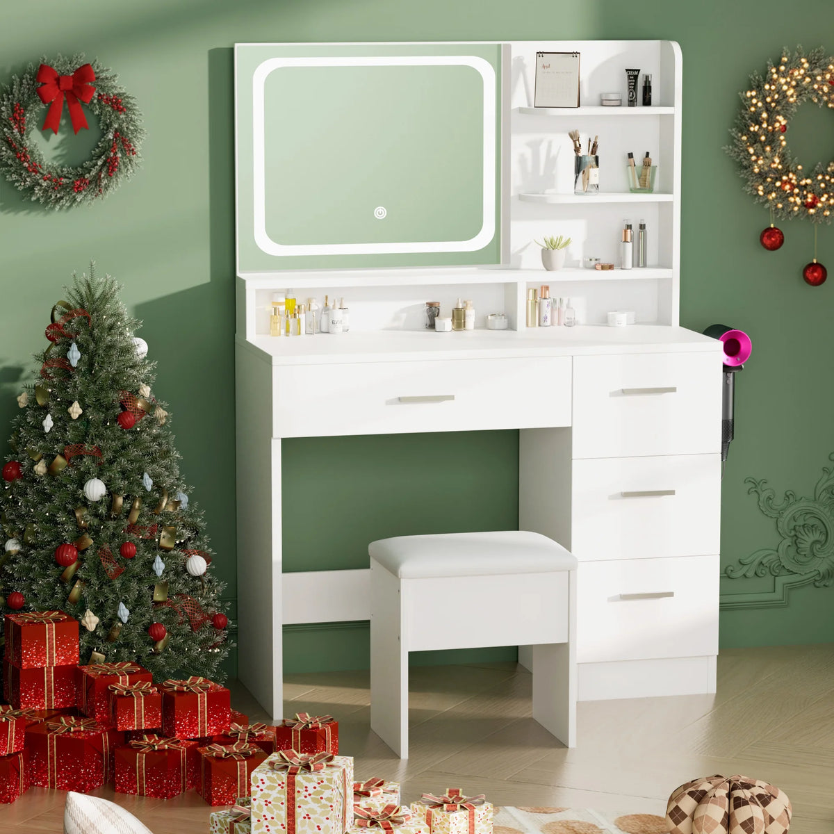 LIVELYGLOW Vanity Desk with Mirror and Lights, Makeup Vanity with Drawer & Storage Shelves, Cabinet, 3 Lighting Modes Adjustable Brightness,White