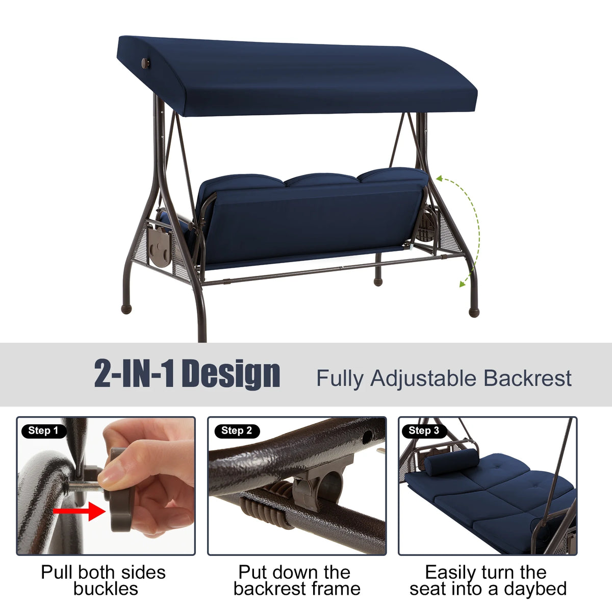 Homrest 3 Seat Outdoor Porch Swing with Adjustable Canopy, Cushions, and Cup Holder - Wine Red