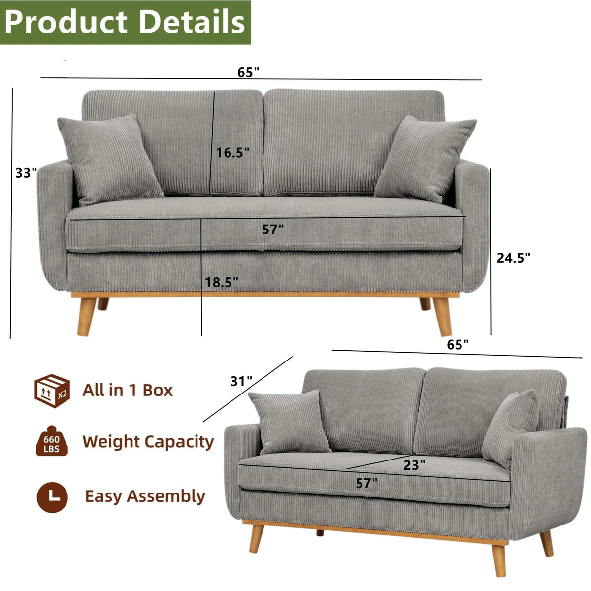 Aukfa 68" Small Sofa Couch Comfy Mid Century Modern Loveseat Sofa for Living Room Bedroom, Cream