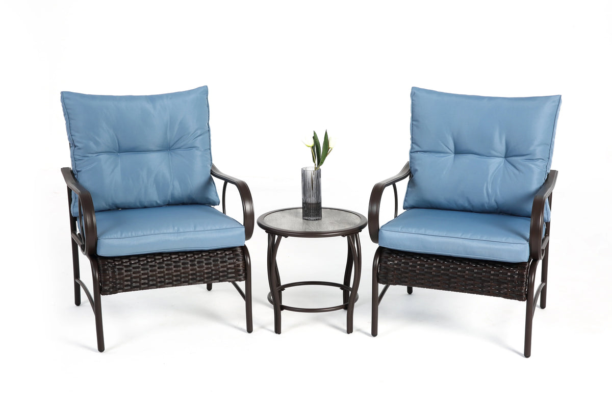 Villeston 3 Piece Outdoor Wicker Conversation Patio Set, with 2 Chairs, Table for Porch Garden,Blue