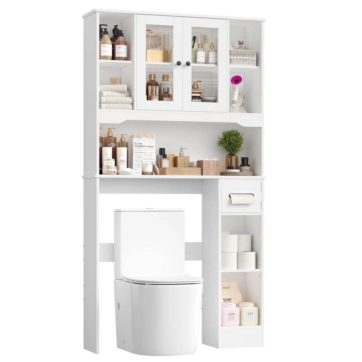 Homfa Over The Toilet Storage Cabinet with Toilet Paper Holder Stand, Above Toilet Organizer with Glass Doors, Behind Toilet Shelf for Restroom, Bathroom, Laundry, White