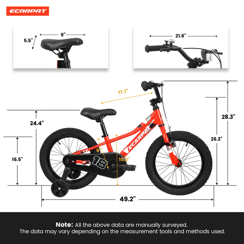 iRerts Kids Bike with Training Wheels, 18 Inch Boys Girls Bike for Kids Ages 4-9 Years Old, Children Bicycle with Front V Brake, Rear Holding Brake, Red