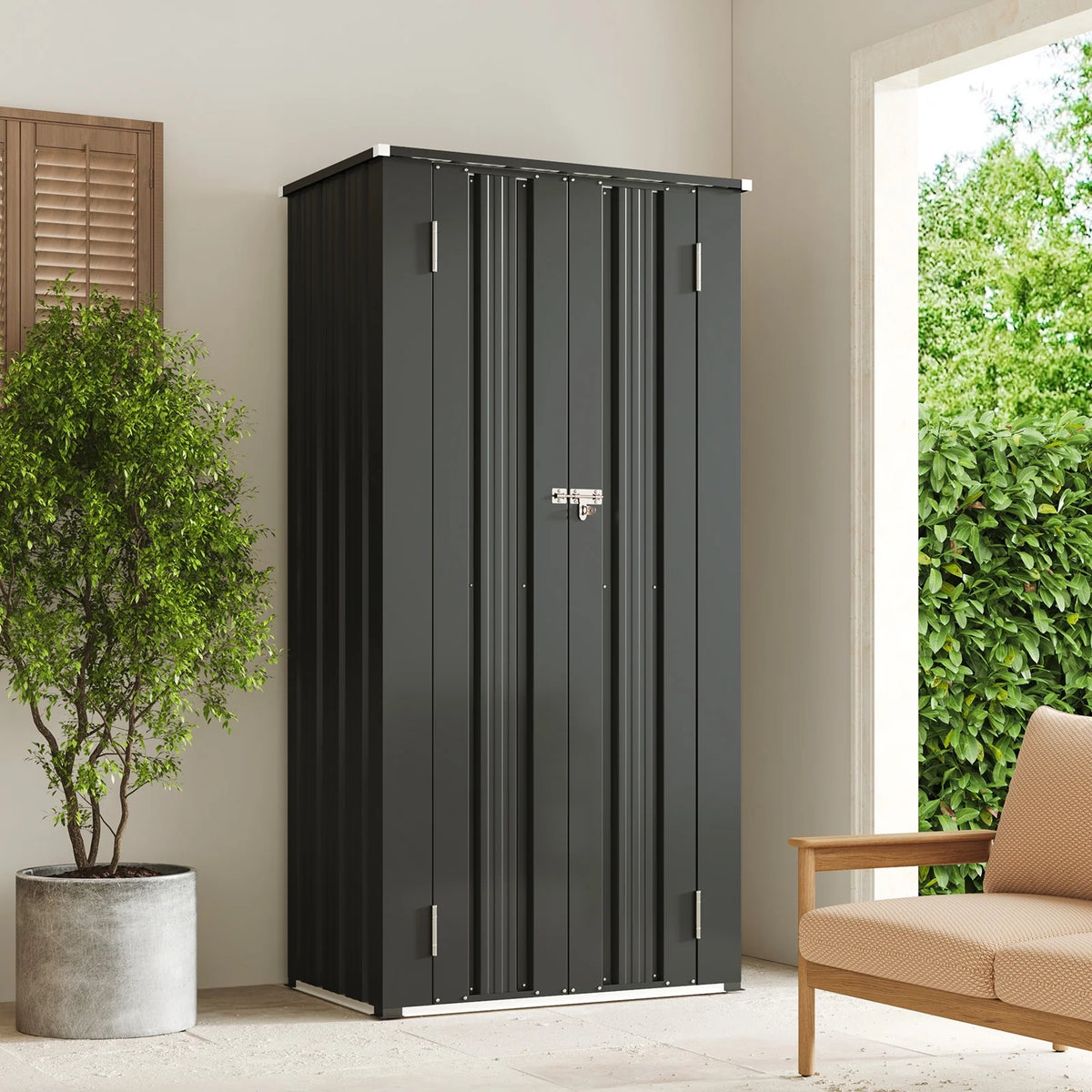Aoxun 4.5x1.5 ft. Black Metal Storage Shed with 2 Shelves, Outdoor Waterproof Cabinet