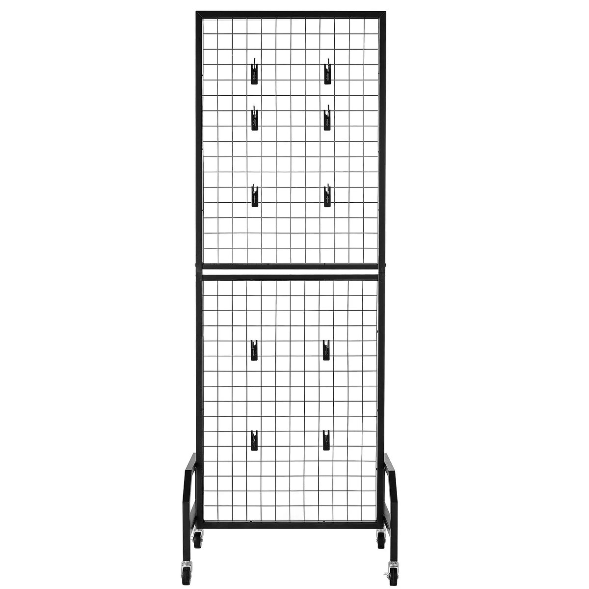 KFFKFF 3-Pack Grid Wall Panels, 1.9 x 5.4 ft Wire Display Racks with Wheels and 30 Hooks, Black Carbon Steel Panels for Craft Fairs, Decoration, Storage, and Message Boards
