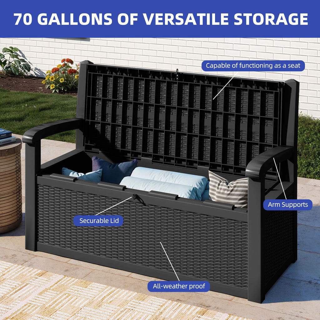 ModFusion 70-Gallon Outdoor Resin Storage Cabinet with Rattan Backrest Waterproof Patio Bench Seat, 500 lbs Capacity, Black