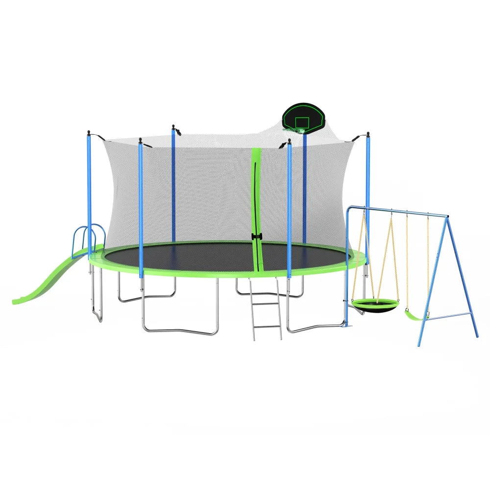 12FT Trampoline with Slide and Swings, Large Outdoor Backyard Trampoline with Basketball Hoop and Ladder for Kids and Adults