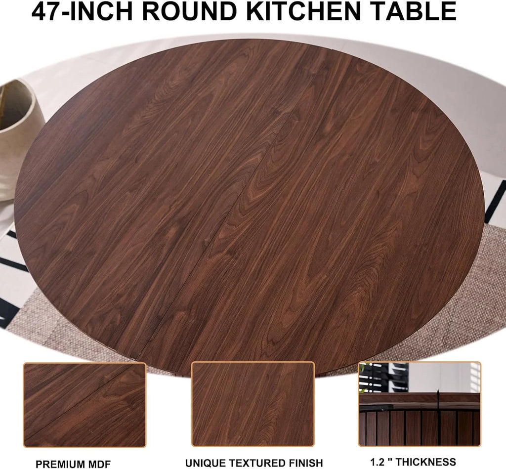 5 Piece Round Dining Table Set - Mid-Century 47 inch Oak Dining Table with 4 Brown Faux Leather Chairs Set, Dinner Table & Chair with Metal Legs for Kitchen Dining Room, Apartment, Bedroom