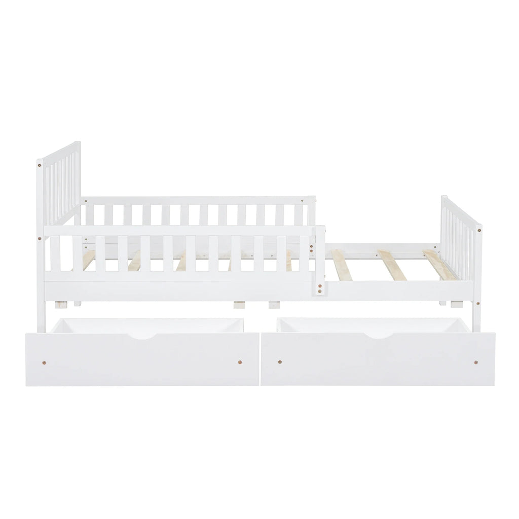 Bellemave Twin Bed with Storage Drawers and Fence Rails, Wood Platform Beds Frame with Headboard, Twin Size Storage Bed for Kids Boys Girls Teens White)