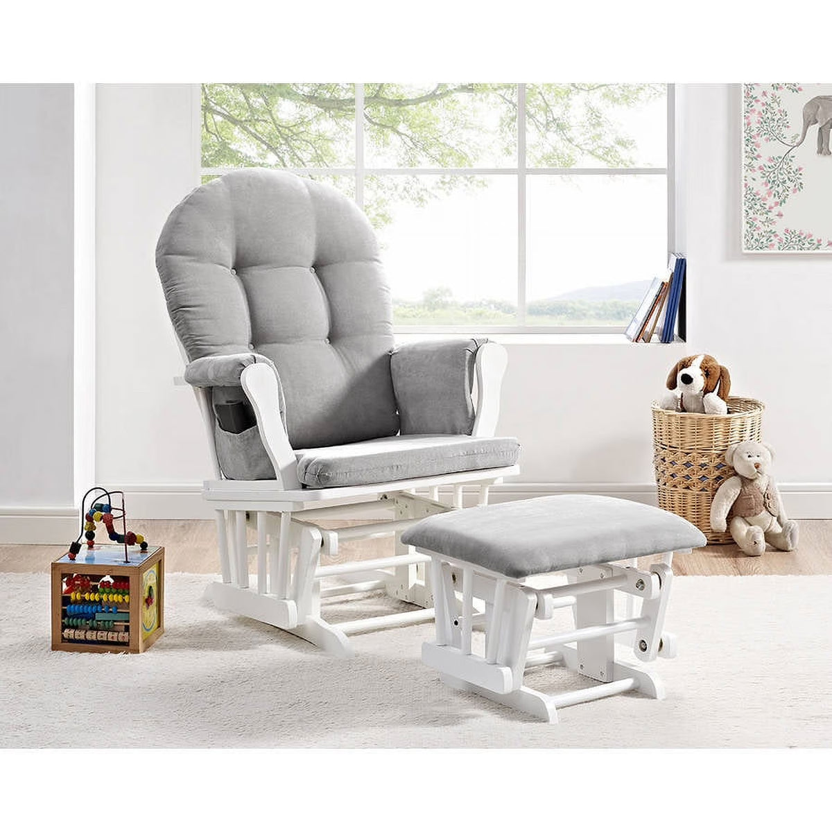 Angel Line Windsor Glider and Ottoman, Natural Finish with Gray Cushions