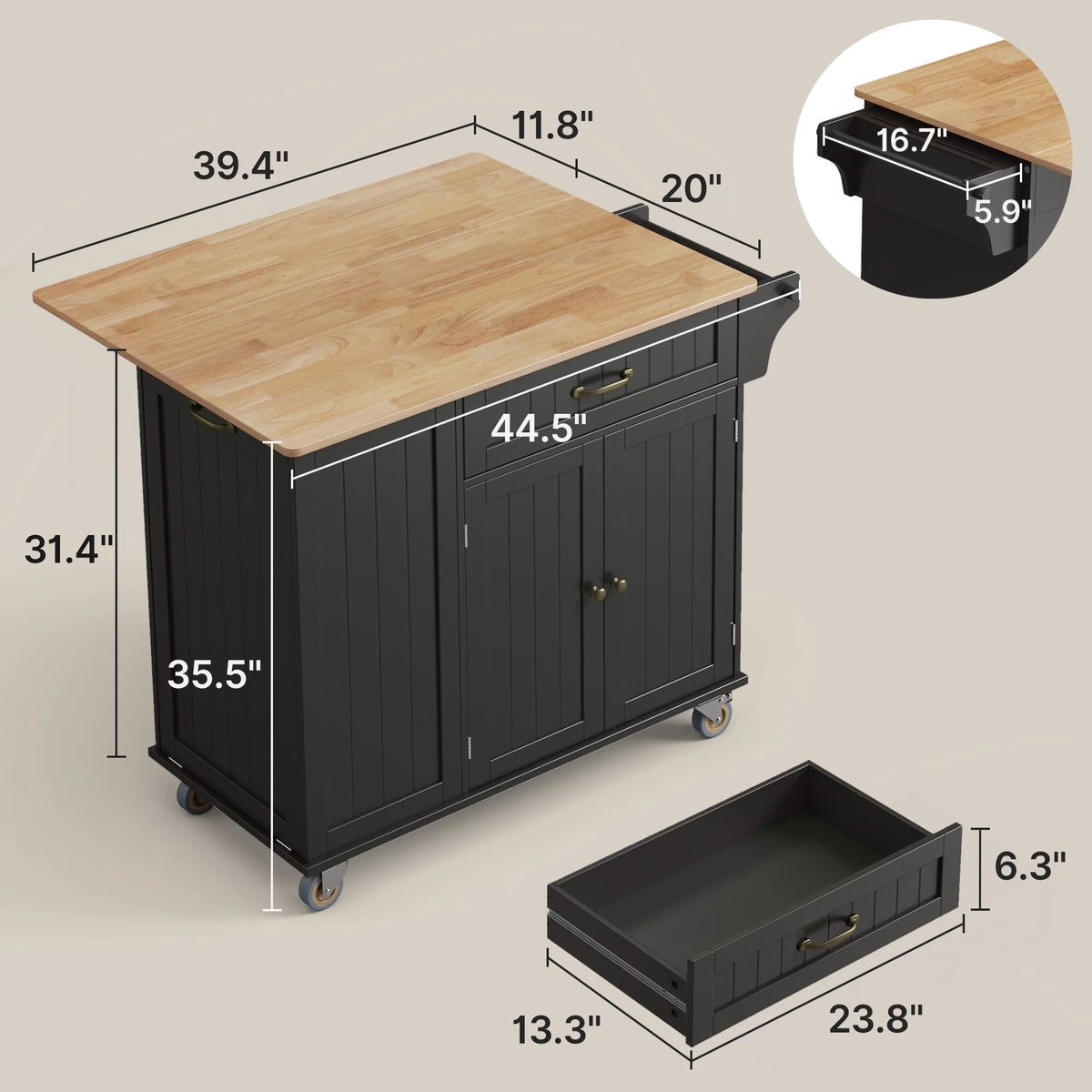 Noelse Rolling Kitchen Island with Drop Leaf Table and Hidden Trash Cabinet, Mobile Kitchen Cart with Storage Drawer, Adjustable Shelves & Rubberwood Countertop on Wheels, White
