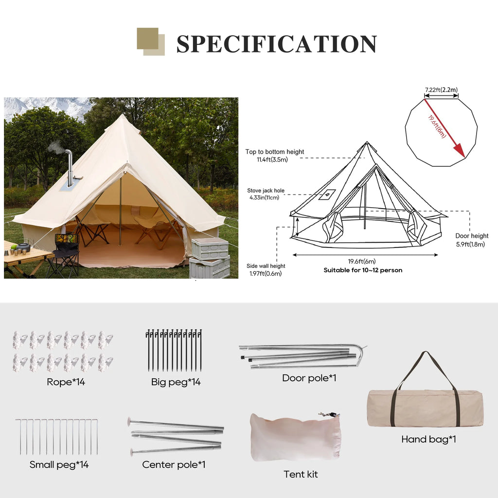 LVUYOYO Bell Tent for Camping, Cotton Canvas Bell Tent with Stove Jack, Outdoor Canvas Bell Tent for Family Glamping Camping, 4 Season Tent with Zipped Removable Floor,5M,Green