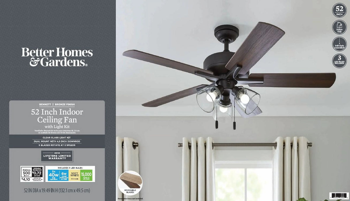 Better Homes & Gardens 52" Bronze Transitional Ceiling Fan, 5 Reversible Blades, 3 LED Bulbs Included