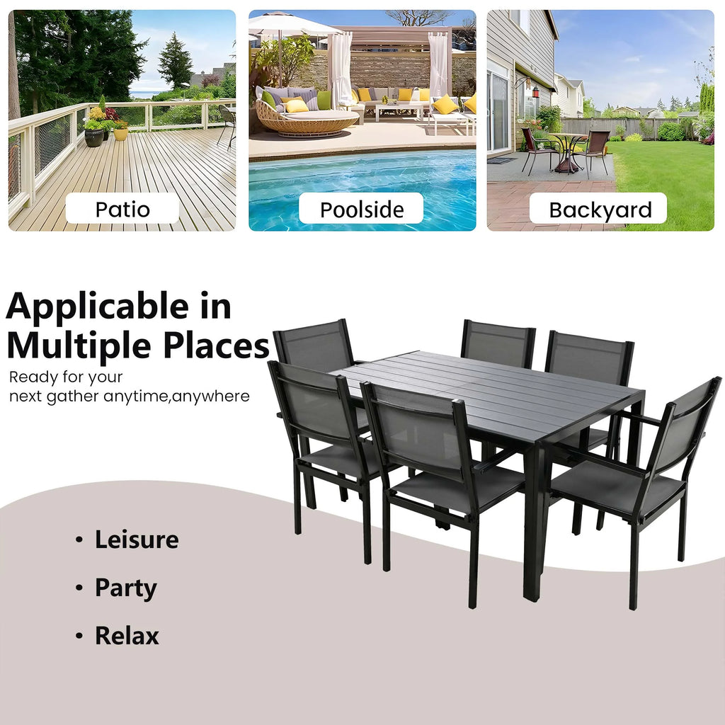 7 Piece Outdoor Dining Set, Patio Dining Table Set for 6 Persons, Garden Patio Textilene Dining Furniture Set with Plastic-Wood Tabletop, Dining Table Chairs Conversation Set for Deck Patio