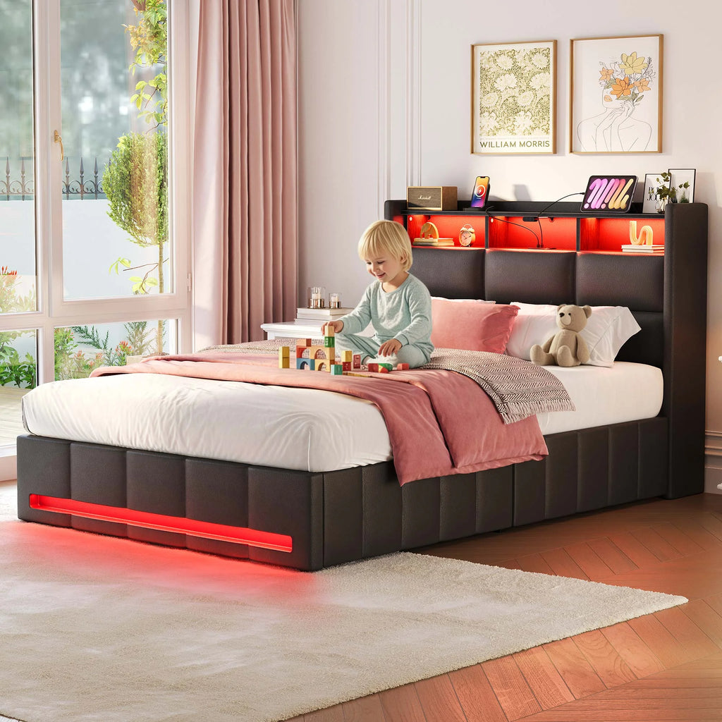 Greenstell Twin Size Lift up Hydraulic Platform Storage Bed Frame with Led Light & Charging Station, Fabric Channel Wingback Headboard, Dark Gray