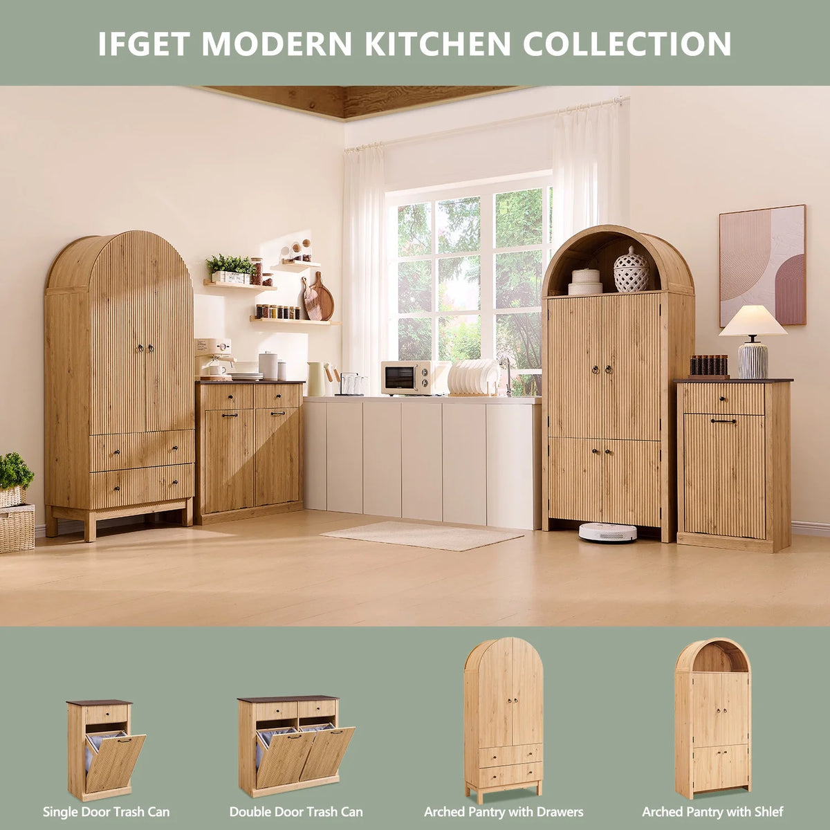 SinCiDo Arched Kitchen Pantry Storage Cabinet, 71-Inch Tall Wood Adjustable Shelves, 2 Doors, 2 Drawers