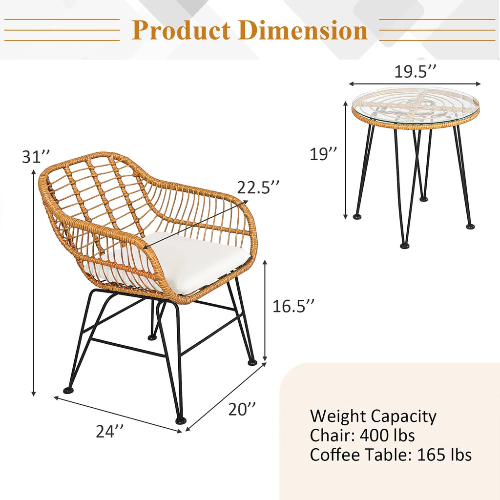 Costway 3PCS Patio Rattan Bistro Furniture Set Cushioned Chair Table Navy