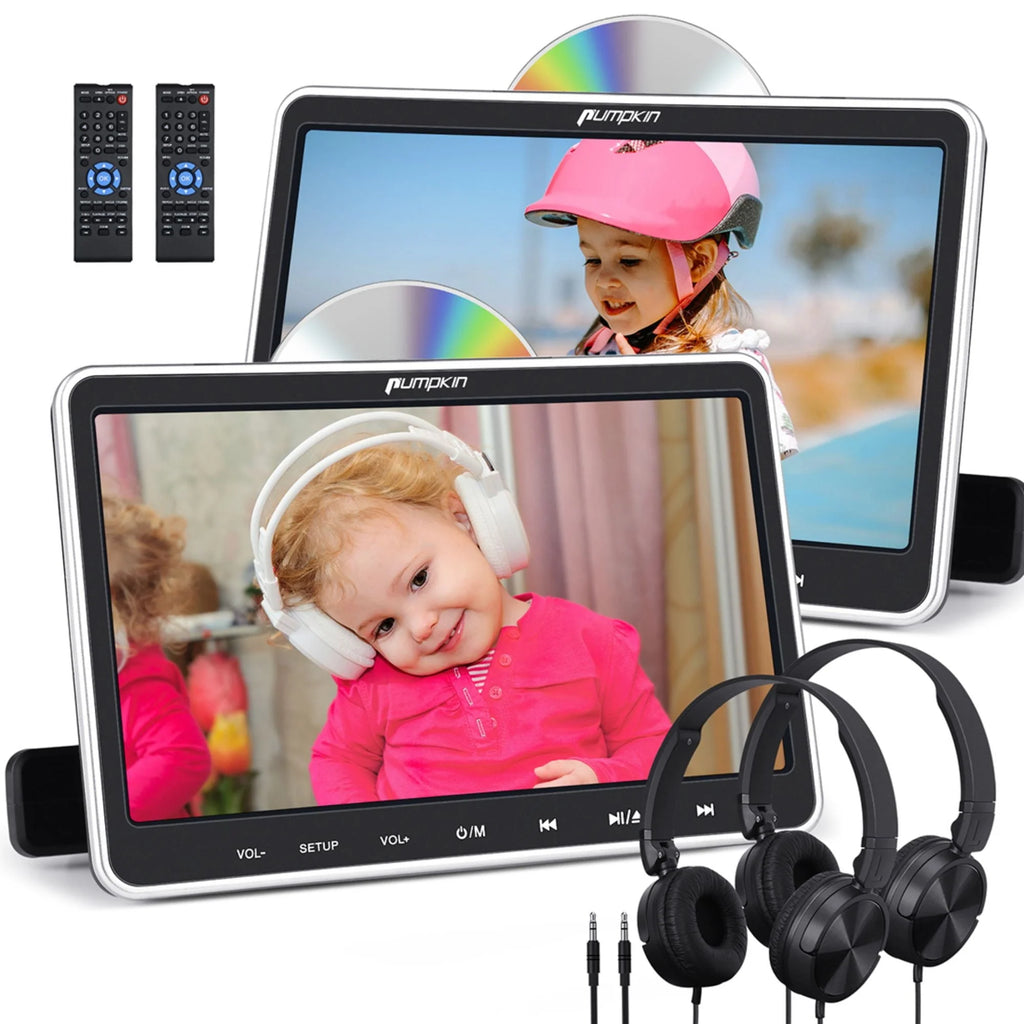 Pumpkin 10.1 Dual Headrest DVD Players for Car with Headphones, 2 Mount Brackets HDMI Input Region Free Last Memory