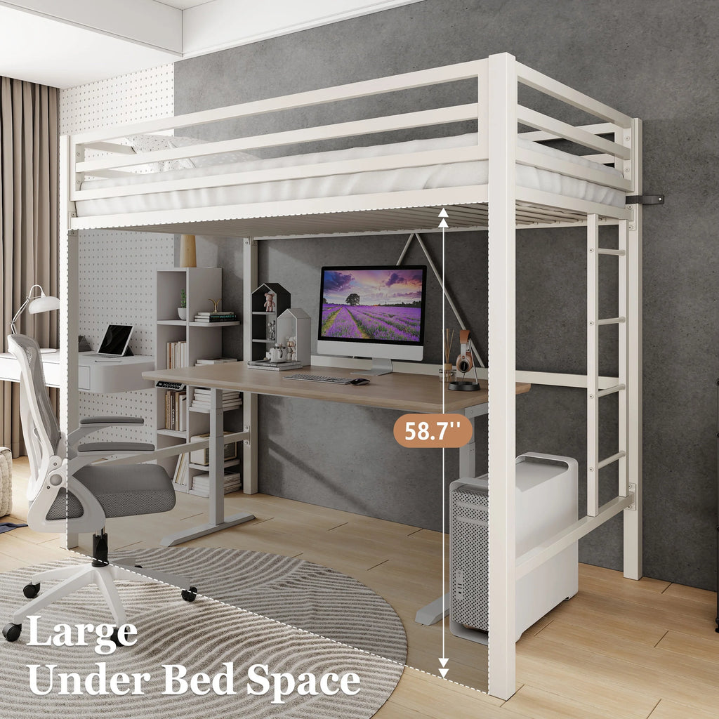 Amolife Twin Size Heavy Duty Metal Loft Bed with Removable Ladder & Full-Length Guardrail, Black