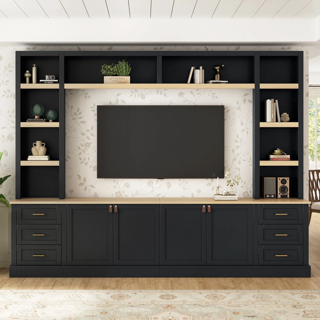 Euroco 102.3"W Farmhouse 4-Piece Entertainment Center Wall Unit with Adjustable Shelf, Modern Large TV Stand with Bookshelves