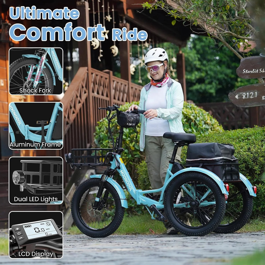 MOONCOOL TK1 Folding Electric Tricycle for Adults,48V 14.5Ah Removable battery, 500W Peak 1000w Motor, 20" Fat Tire Step-Thru 3Wheel Electric Bicycle w/Front&Rear Baskets, Certified to UL 2849 by SGS