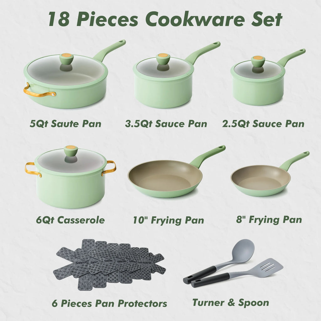 SENSARTE Nonstick Pots and Pans Set, 18Pcs Non Stick Cookware Sets, Induction Kitchen Cookware Sets Green