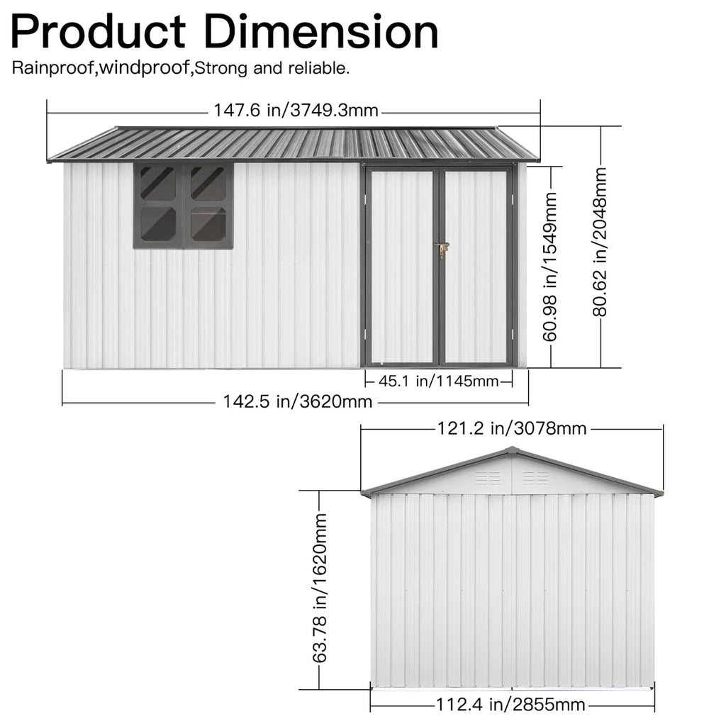 10x12 FT Outdoor Storage Shed, Metal Garden Tool Shed with Vents, Window and Bulit-in Hooks, Waterproof  Organization for Home/Backyard/Garden Tools/Lawn Storage, Yellow+White