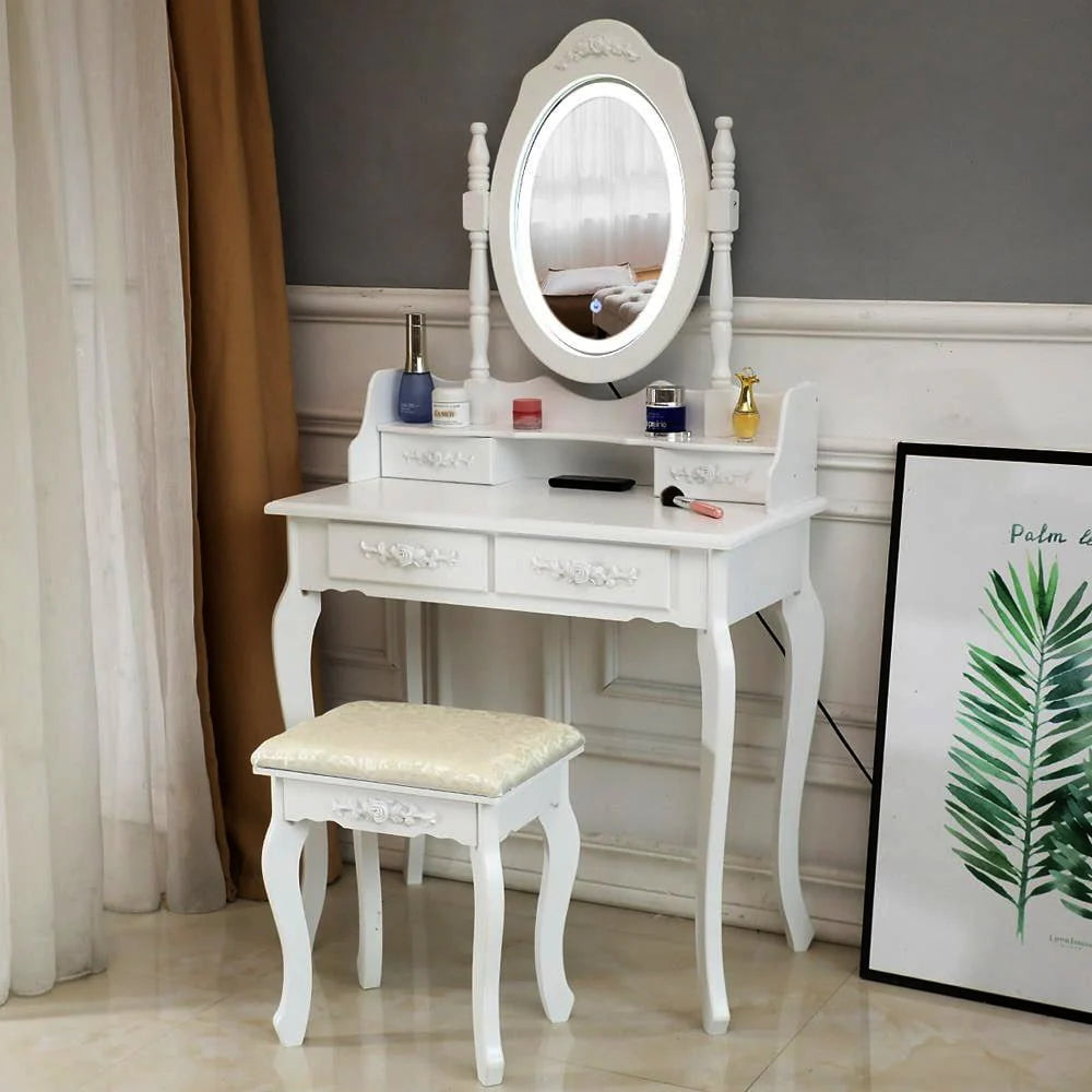 Ktaxon Elegance White Dressing Table Vanity Table and Stool Set Wood Makeup Desk with 4 Drawers & Lighted LED Touch Screen Mirror